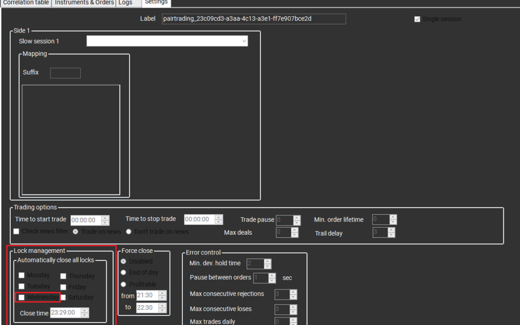 SharpTrader strategy settings tab