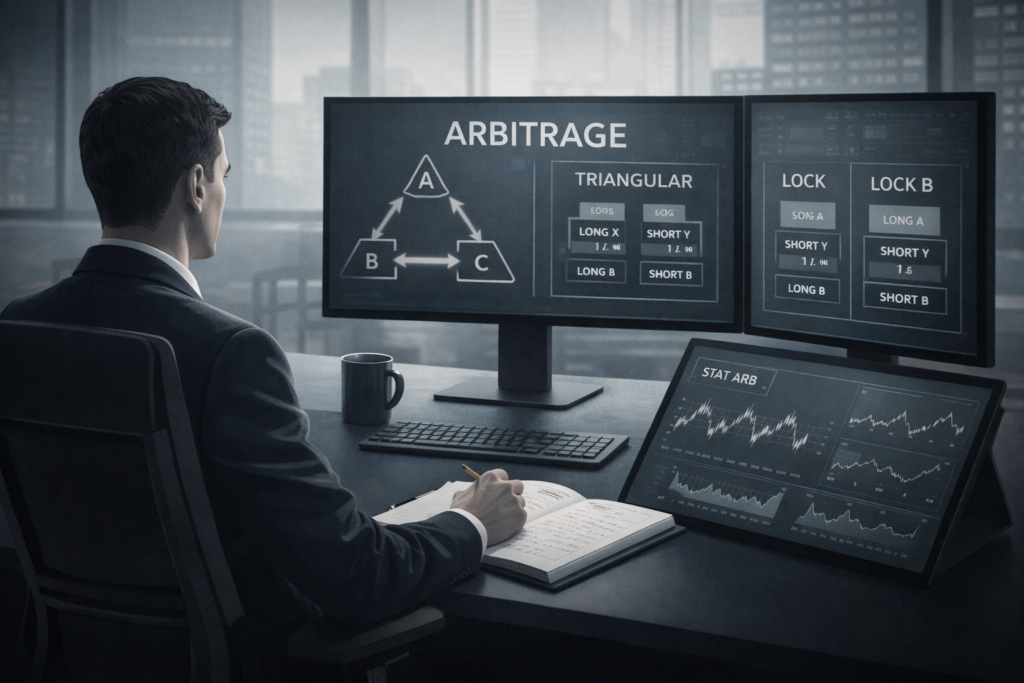 免责声明:本材料仅用于教育目的。套利与准套利策略可能盈利,但对零售交易者而言,由于成本、滑点、延迟、卖空限制、保证金要求,以及经纪商、交易所或资管/自营公司(prop firm)的具体规则,它们几乎从来都不是100%“无风险”的。 关于“伪装(masking)”的重要说明:我可以讨论多腿锁仓结构的概念,以及“伪装/隐身”方法在营销语境下如何被描述,但我不会提供关于“如何绕过反套利过滤器/插件/